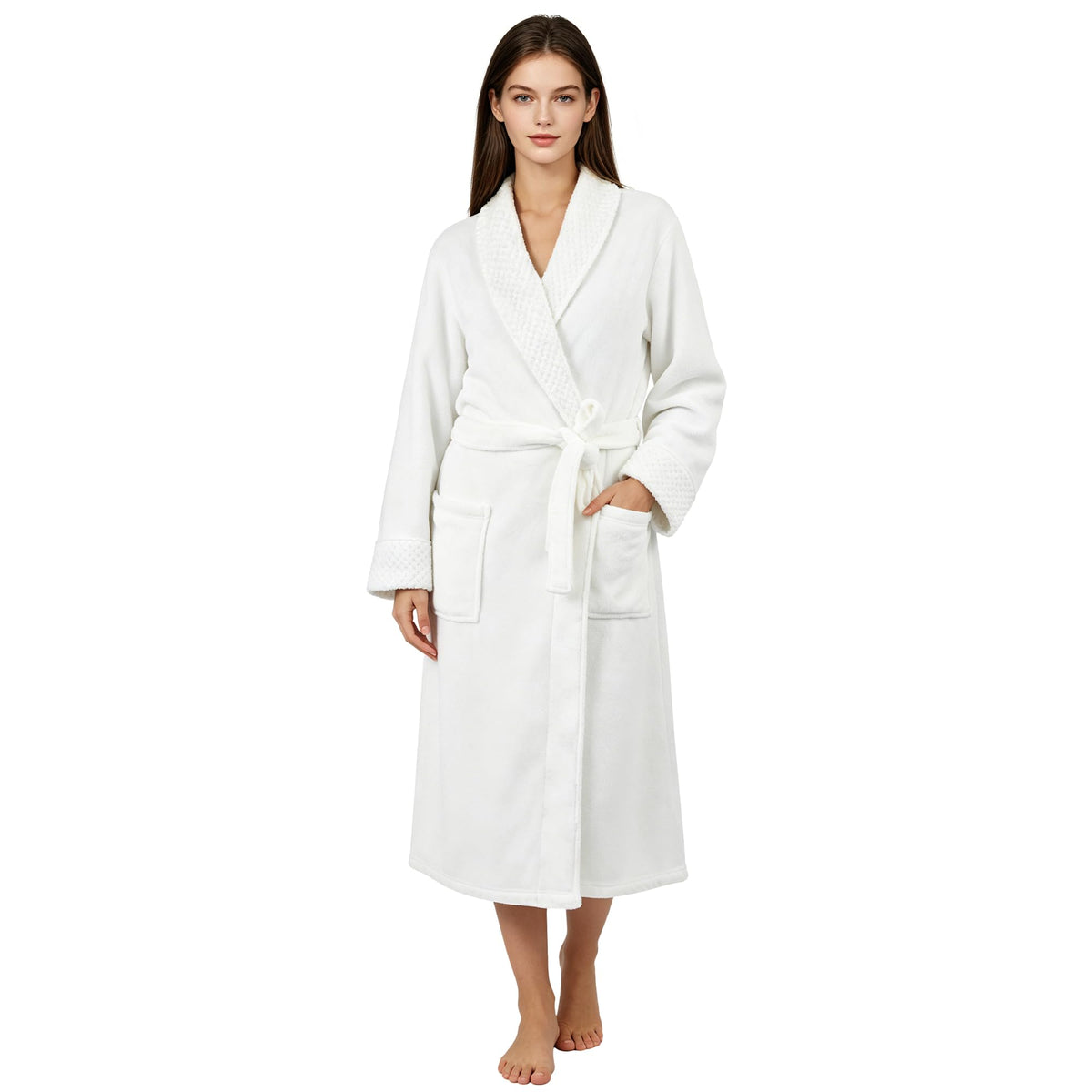 LINENLINK Flannel Fleece Robe for Women & Men, Soft Warm Bathrobe Dressing Gown with Shawl Collar and 2 Deep Pockets, Long Plush Robes for After Shower, Spa and Lounging