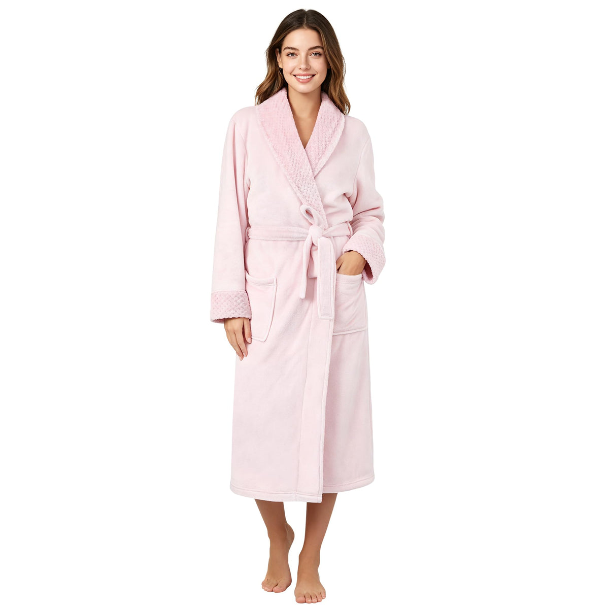 LINENLINK Flannel Fleece Robe for Women & Men, Soft Warm Bathrobe Dressing Gown with Shawl Collar and 2 Deep Pockets, Long Plush Robes for After Shower, Spa and Lounging