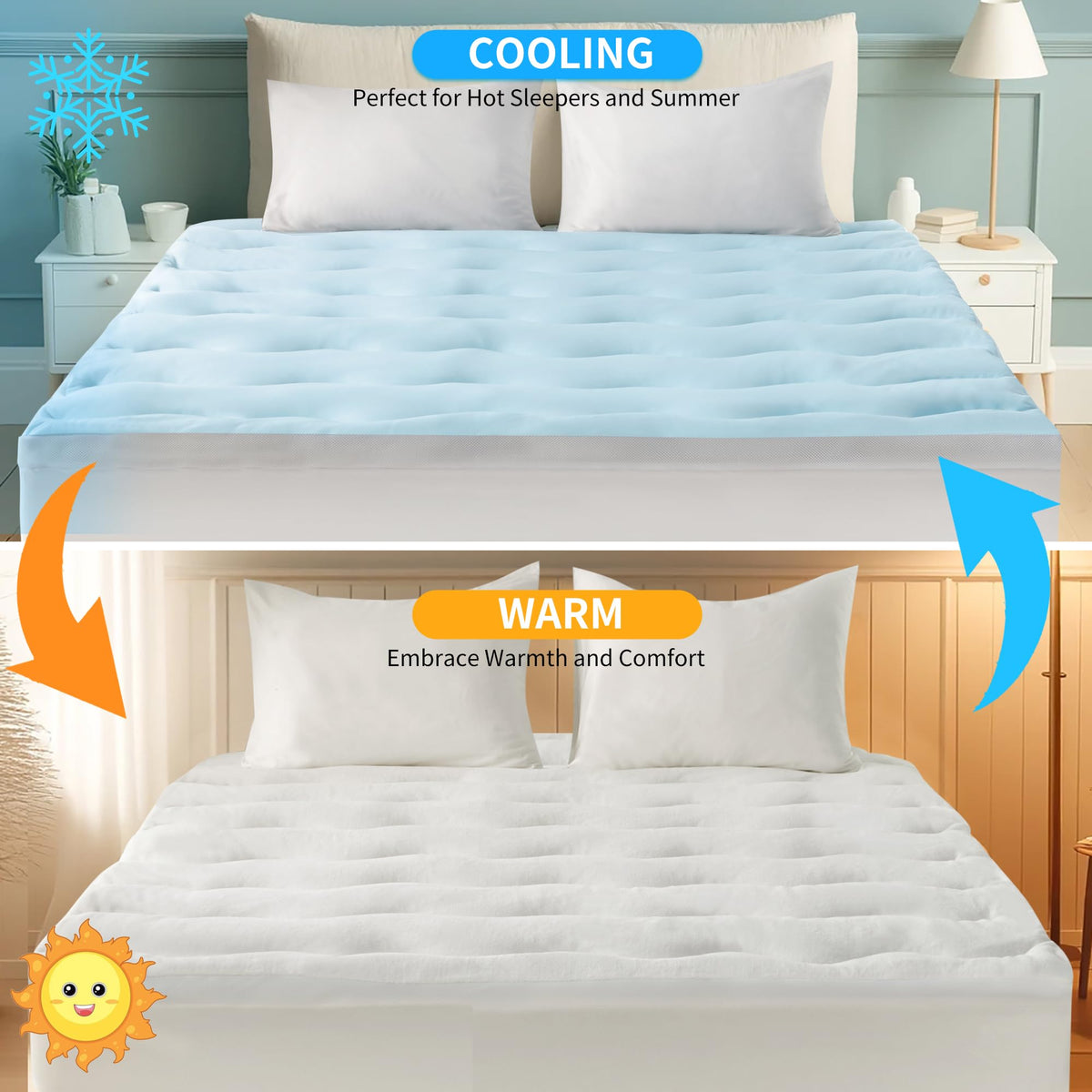 LINENLINK Warm Mattress Topper – 5cm Thick, Coral Fleece Winter Side, Cooling Reverse, 1000GSM Fill, Soft, Breathable & Washable, 45cm Deep Pocket