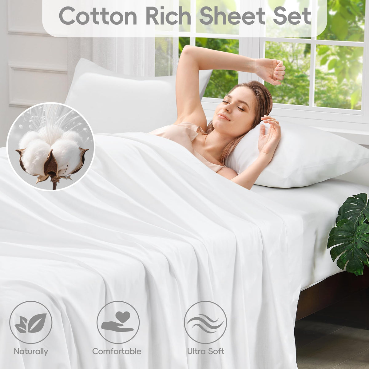 LINENLINK Cotton Rich Sheet Set – Naturally Soft Bedding 4-Piece Set with 40CM Deep Pocket Fitted Sheet, Flat Sheet & Envelope Pillowcase