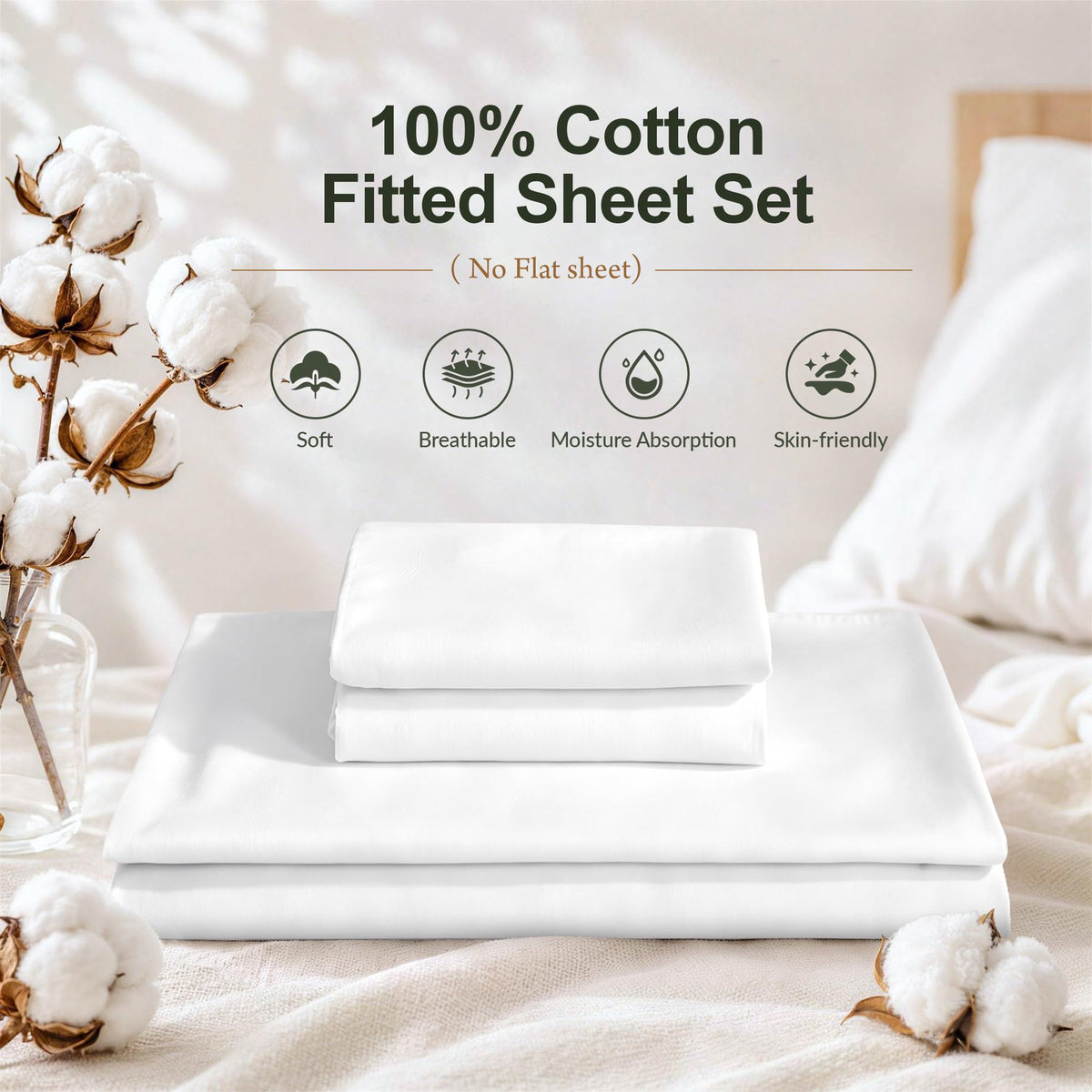 LINENLINK 100% Cotton Fitted Sheet with 2 Pillowcases