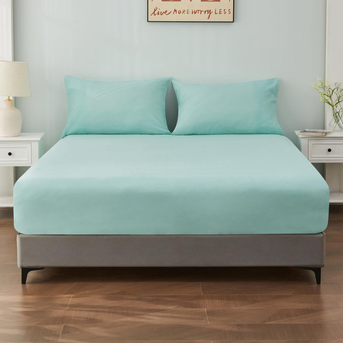 LINENLINK 3 Piece Cotton Blend Fitted Sheet Set - 1 Piece Soft & Breathable Fitted Sheet with 40cm Deep Pocket & 2 Pillowcases - Flat Sheet Not Included