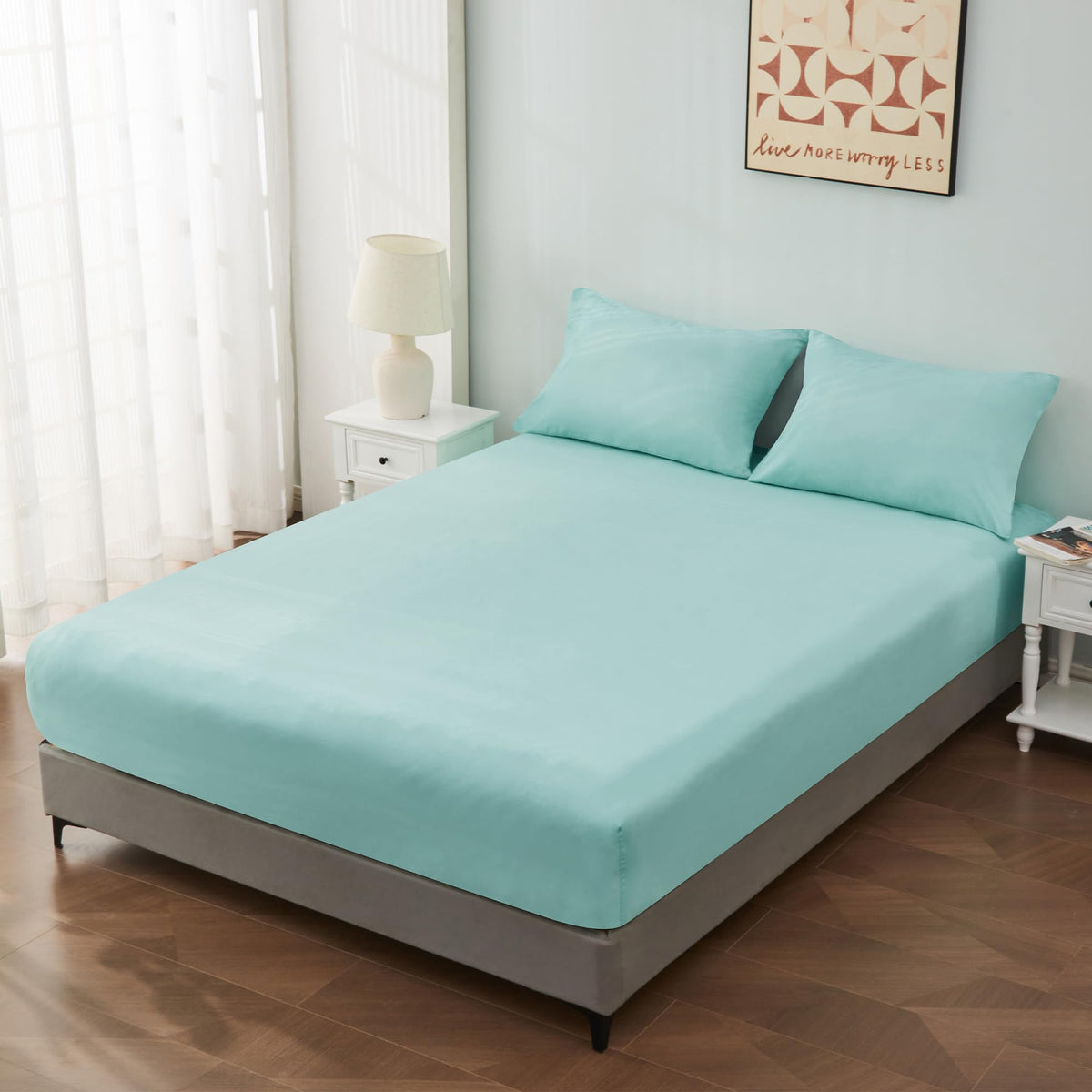 LINENLINK 3 Piece Cotton Blend Fitted Sheet Set - 1 Piece Soft & Breathable Fitted Sheet with 40cm Deep Pocket & 2 Pillowcases - Flat Sheet Not Included