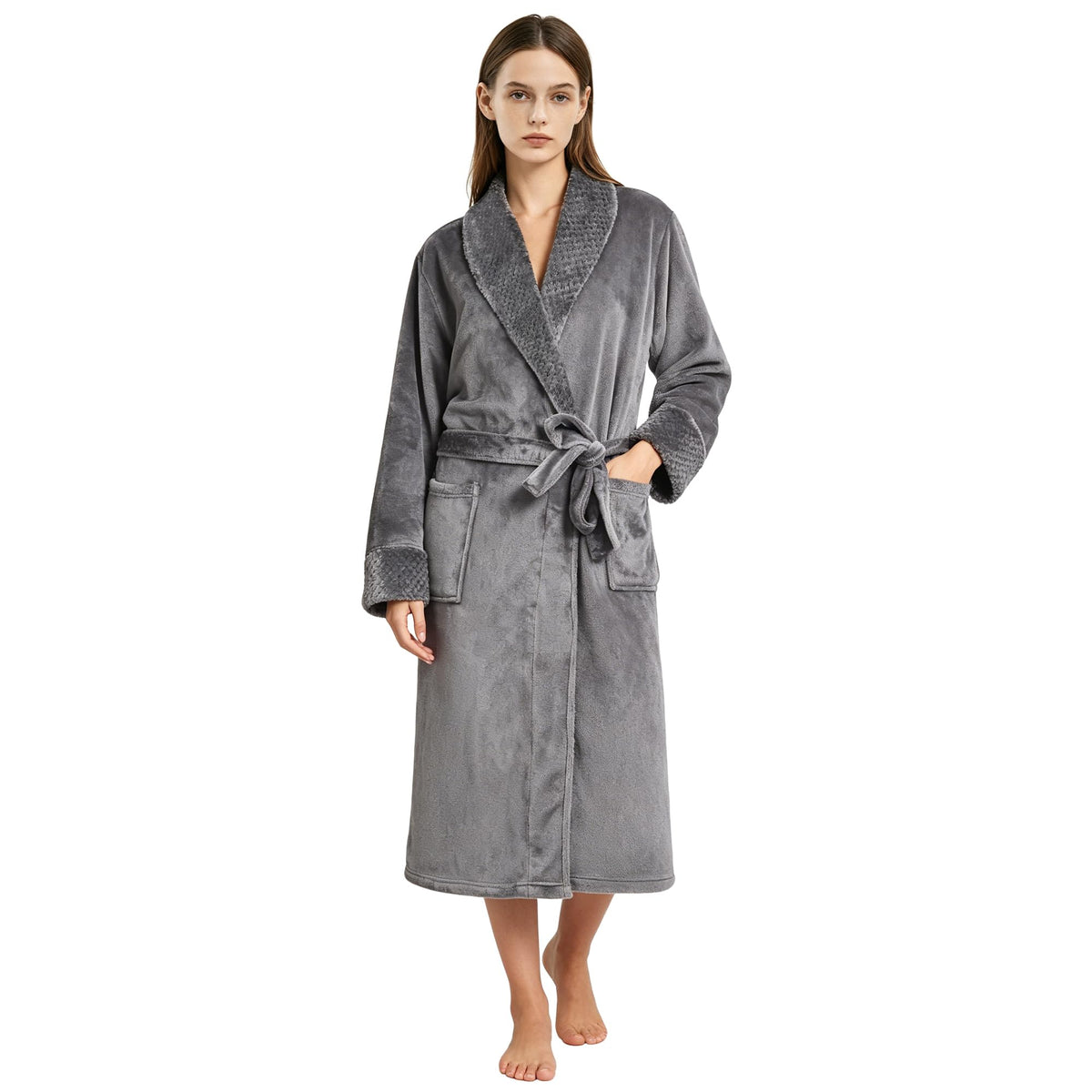 LINENLINK Flannel Fleece Robe for Women & Men, Soft Warm Bathrobe Dressing Gown with Shawl Collar and 2 Deep Pockets, Long Plush Robes for After Shower, Spa and Lounging