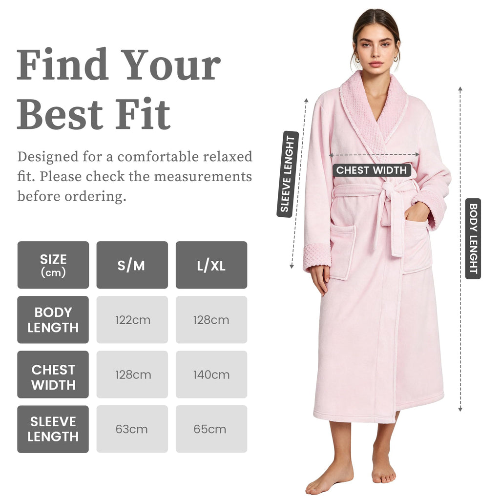 LINENLINK Flannel Fleece Robe for Women & Men, Soft Warm Bathrobe Dressing Gown with Shawl Collar and 2 Deep Pockets, Long Plush Robes for After Shower, Spa and Lounging
