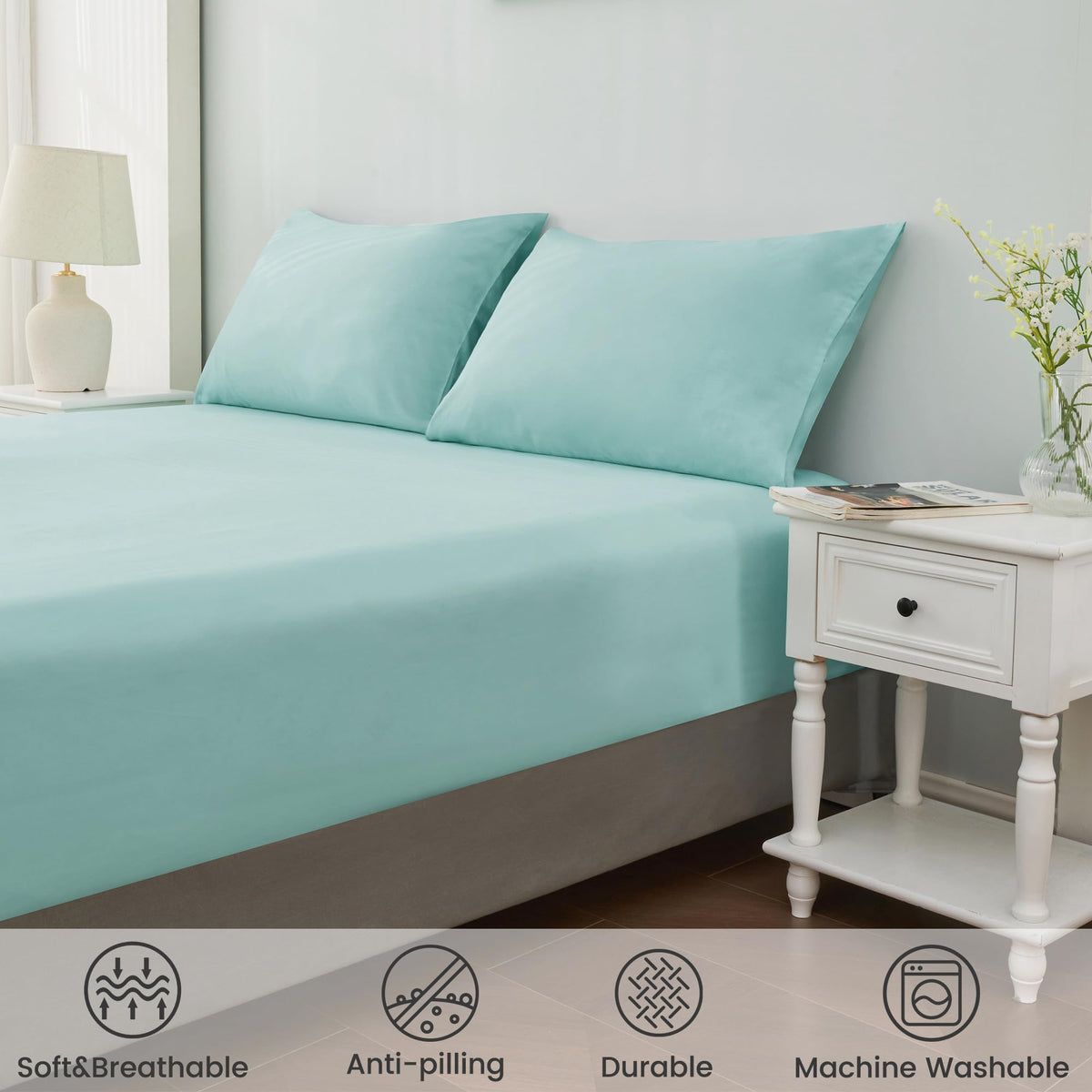 LINENLINK 3 Piece Cotton Blend Fitted Sheet Set - 1 Piece Soft & Breathable Fitted Sheet with 40cm Deep Pocket & 2 Pillowcases - Flat Sheet Not Included