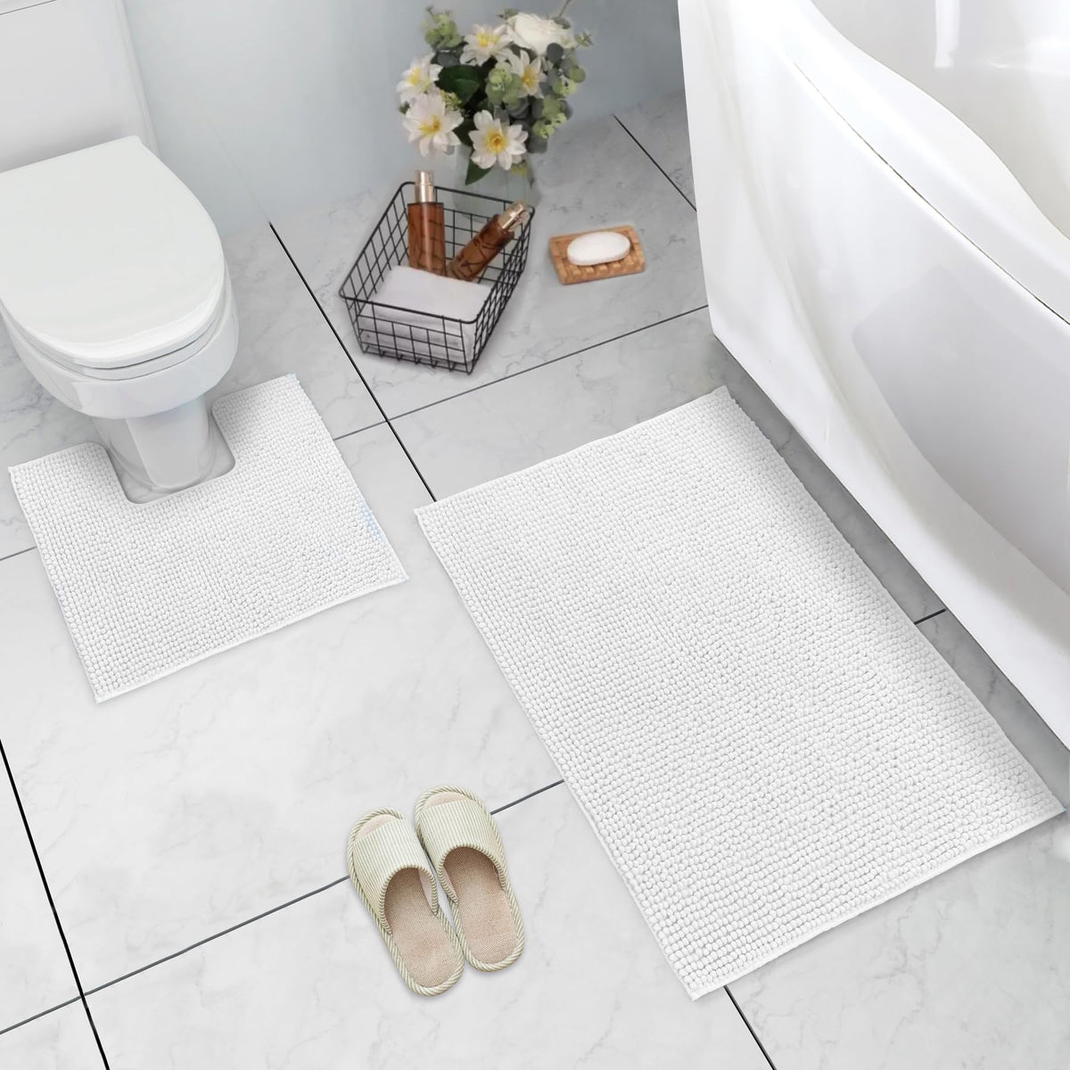 LINENLINK Chenille Bath Mat Set 2 Piece, Bath Mat & Contour Rug