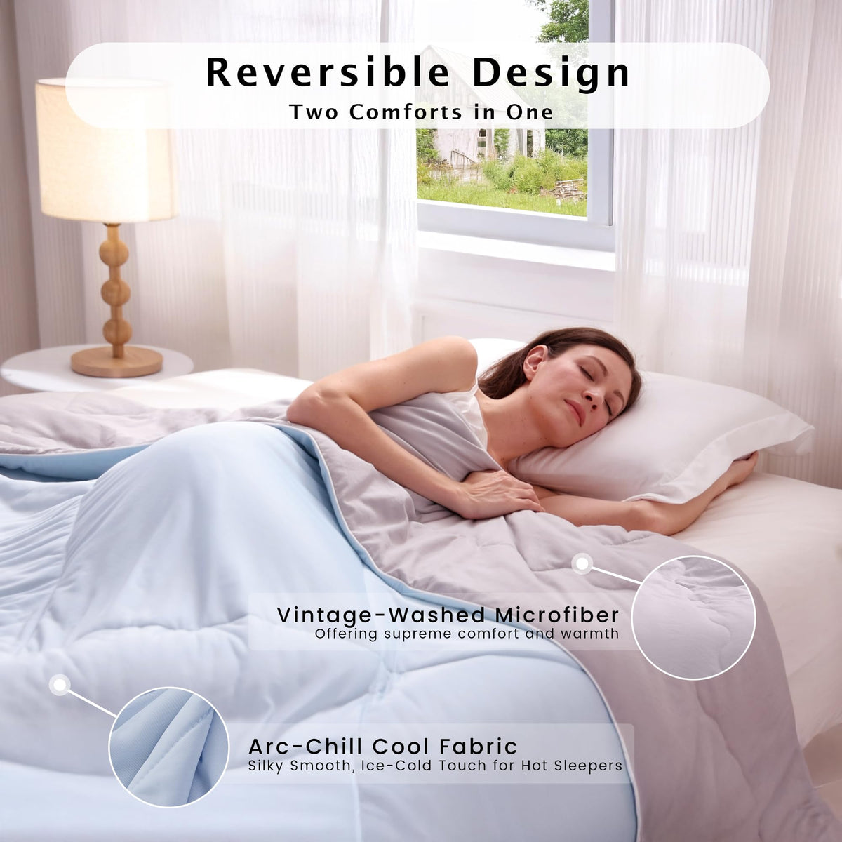 LINENLINK Summer Comforter, Reversible Cooling Blanket with Nylon & Microfiber, Lightweight Quilt for Hot Sleepers, All Season Bedding