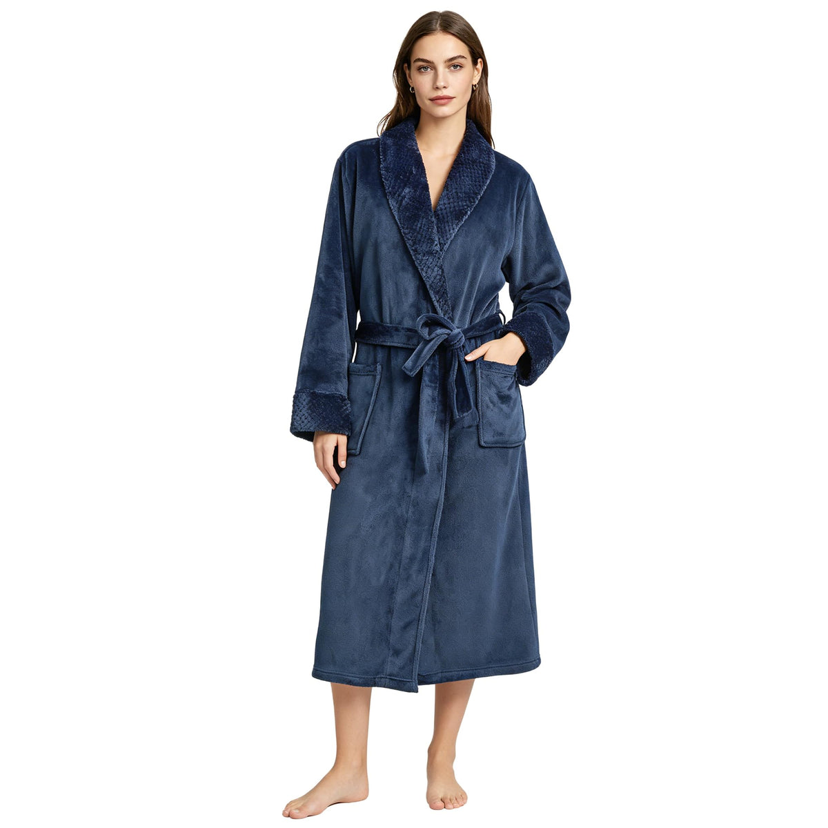LINENLINK Flannel Fleece Robe for Women & Men, Soft Warm Bathrobe Dressing Gown with Shawl Collar and 2 Deep Pockets, Long Plush Robes for After Shower, Spa and Lounging