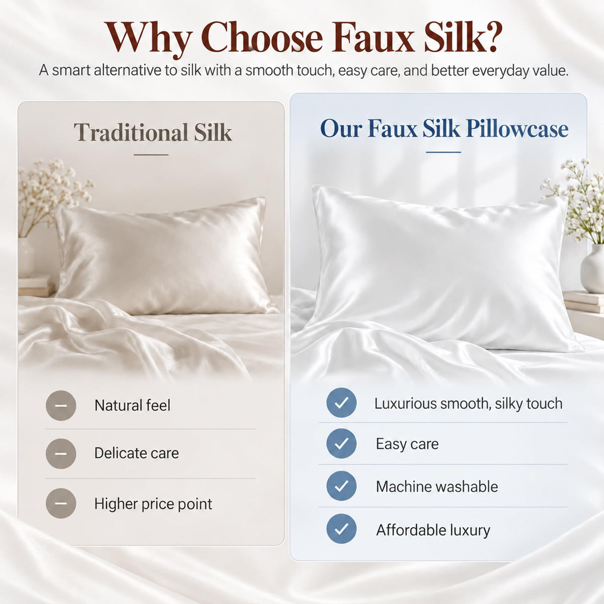 LINENLINK Faux Silk Pillowcases for Hair & Skin, 2 Pack