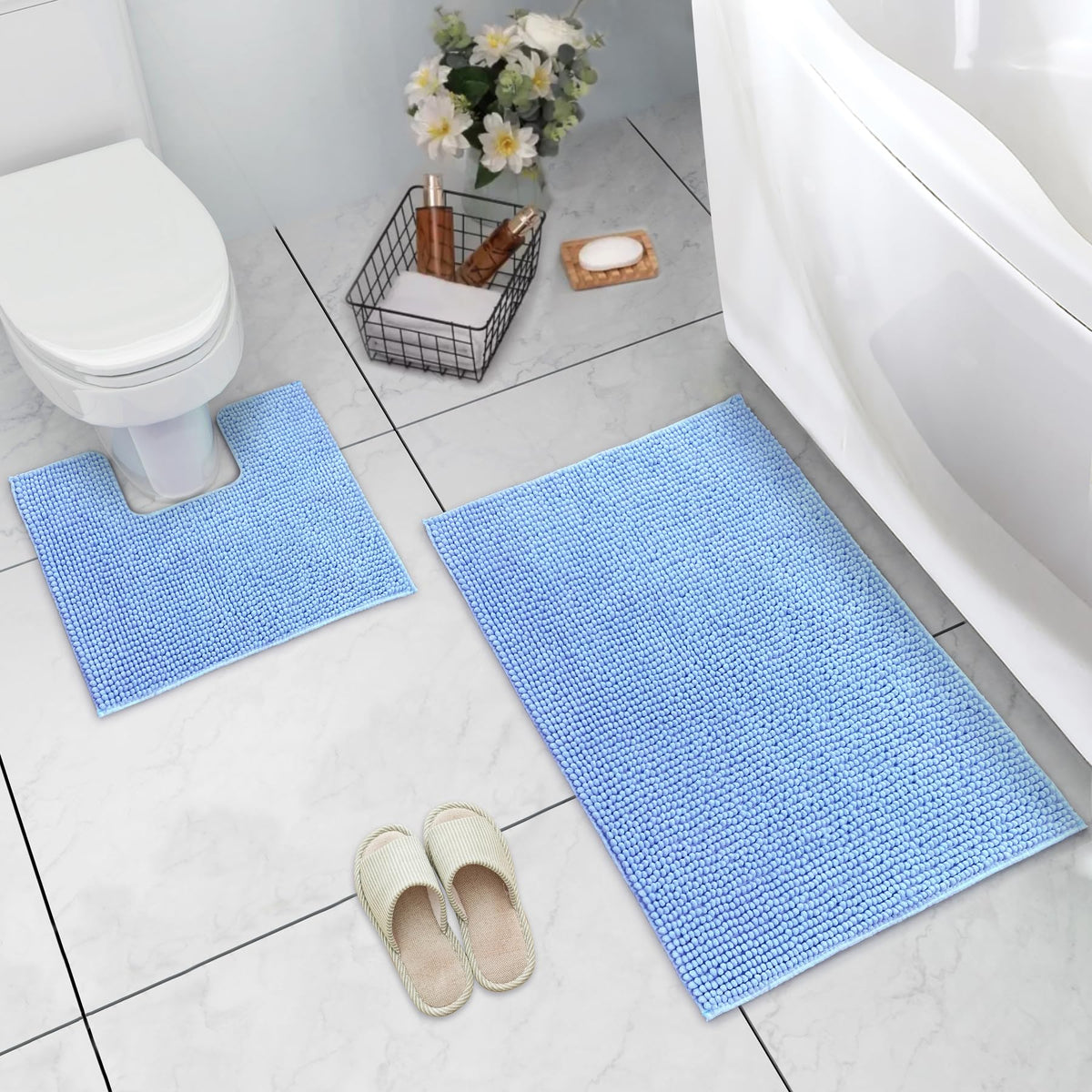 LINENLINK Chenille Bath Mat Set 2 Piece, Bath Mat & Contour Rug