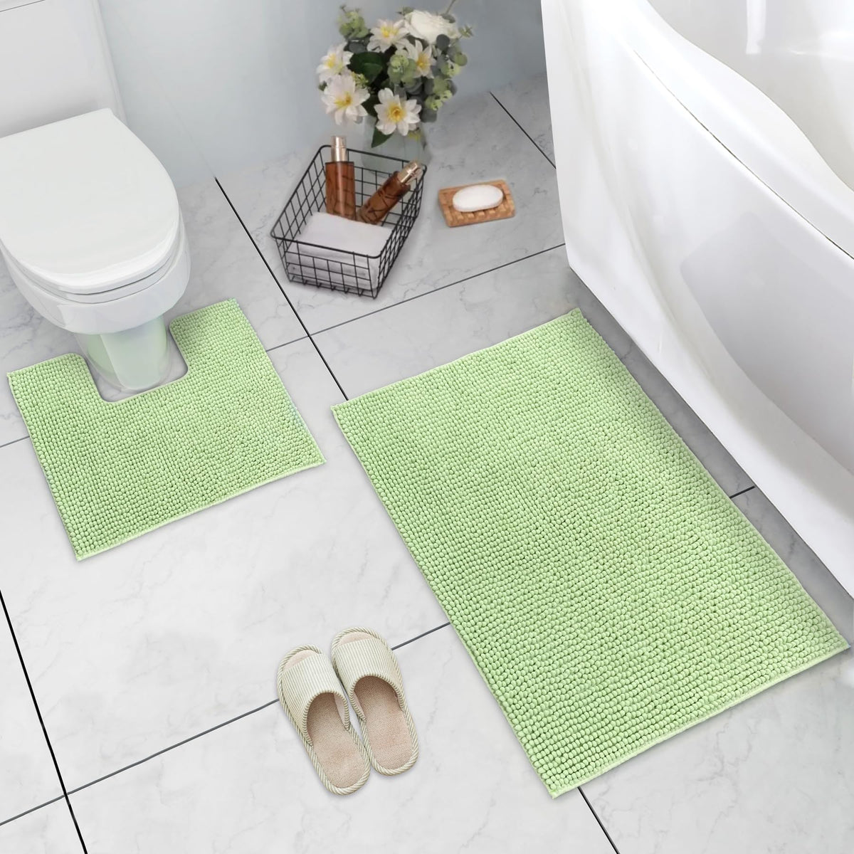 LINENLINK Chenille Bath Mat Set 2 Piece, Bath Mat & Contour Rug