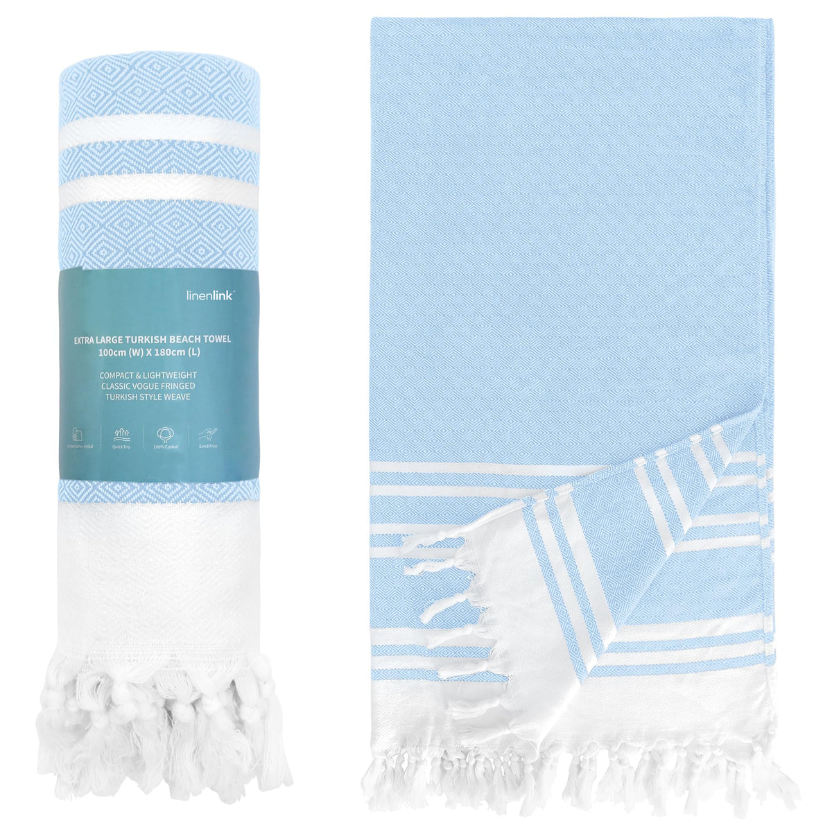LINENLINK 100% Cotton Turkish Beach Towel, Oversized Absorbent Towels, Sand-Free, Quick Dry & Lightweight Pool Towel for Swimming, Travel, Holiday