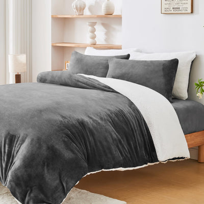 LINENLINK Dual-Sided Teddy Fleece Flannel & Sherpa Quilt Cover Set, Ultra Soft & Warm Reversible Duvet Cover, Doubles as a Standalone Blanket with Zipper Closure