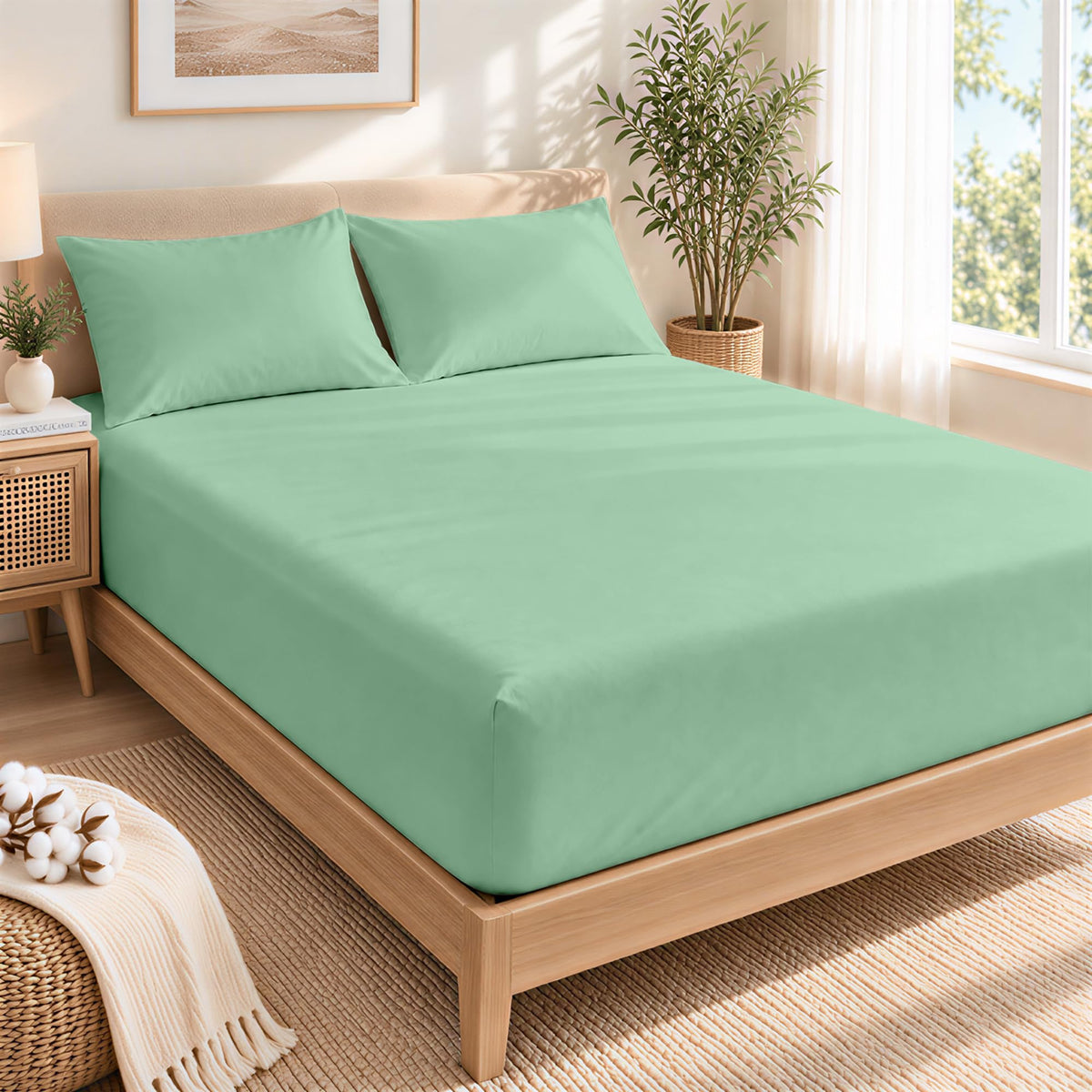 LINENLINK 100% Cotton Fitted Sheet with 2 Pillowcases