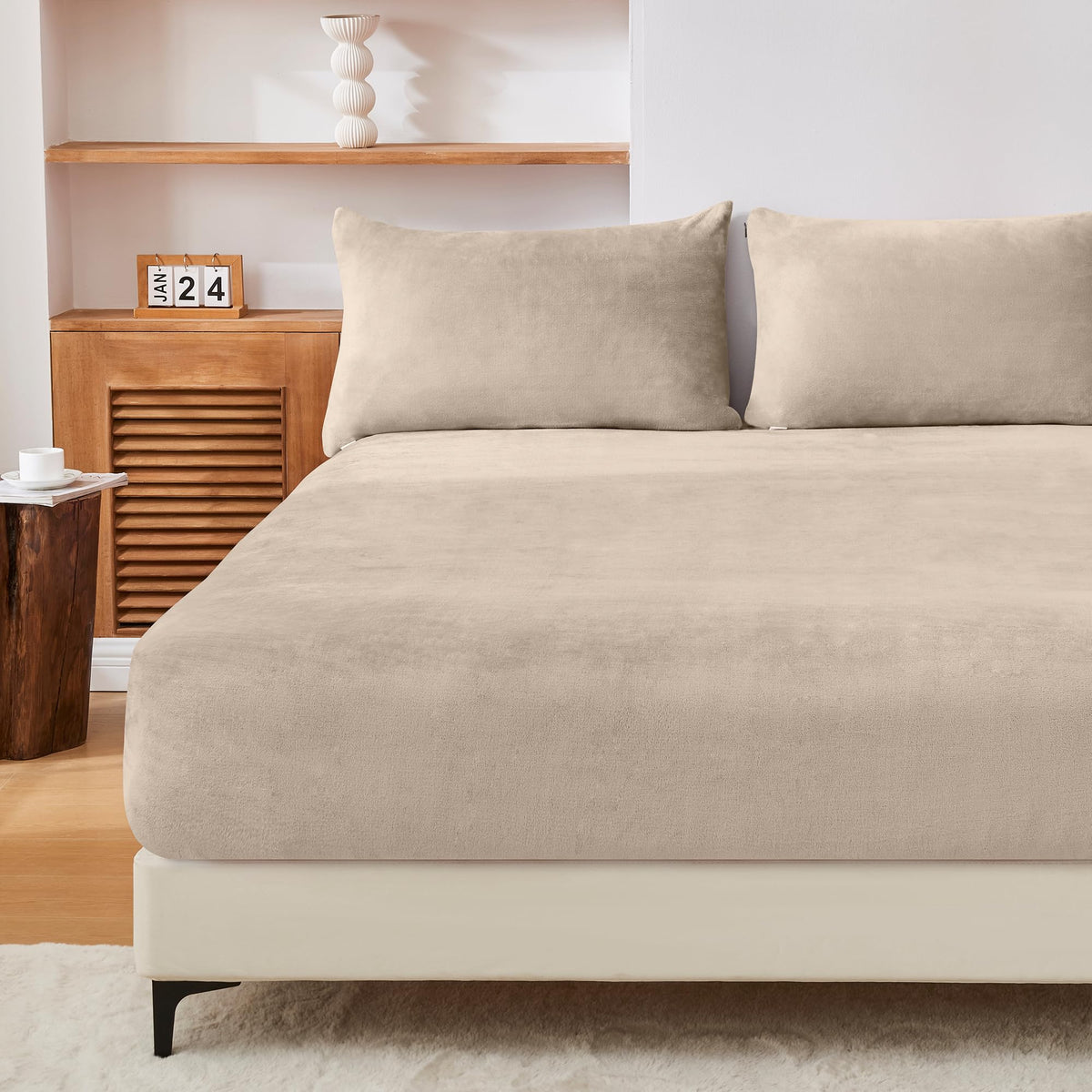 LINENLINK Teddy Fleece Fitted Sheet Set, Super Soft Flannel, Extra Warm & Cozy for Winter, 40cm Deep Pocket, Includes 1 Fitted Sheet & 2 Pillowcases, No Flat Sheet