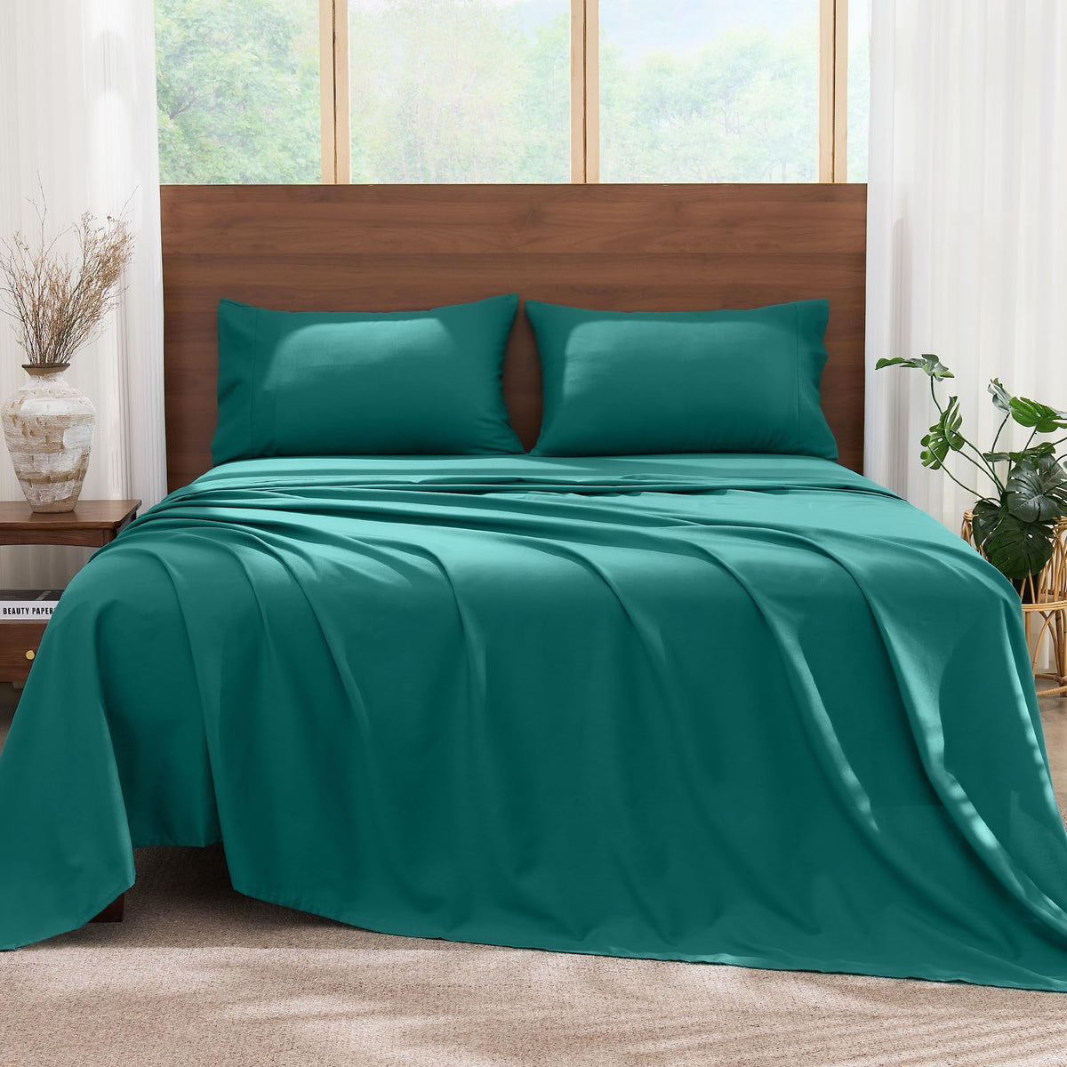 LINENLINK Cotton Rich Sheet Set – Naturally Soft Bedding 4-Piece Set with 40CM Deep Pocket Fitted Sheet, Flat Sheet & Envelope Pillowcase