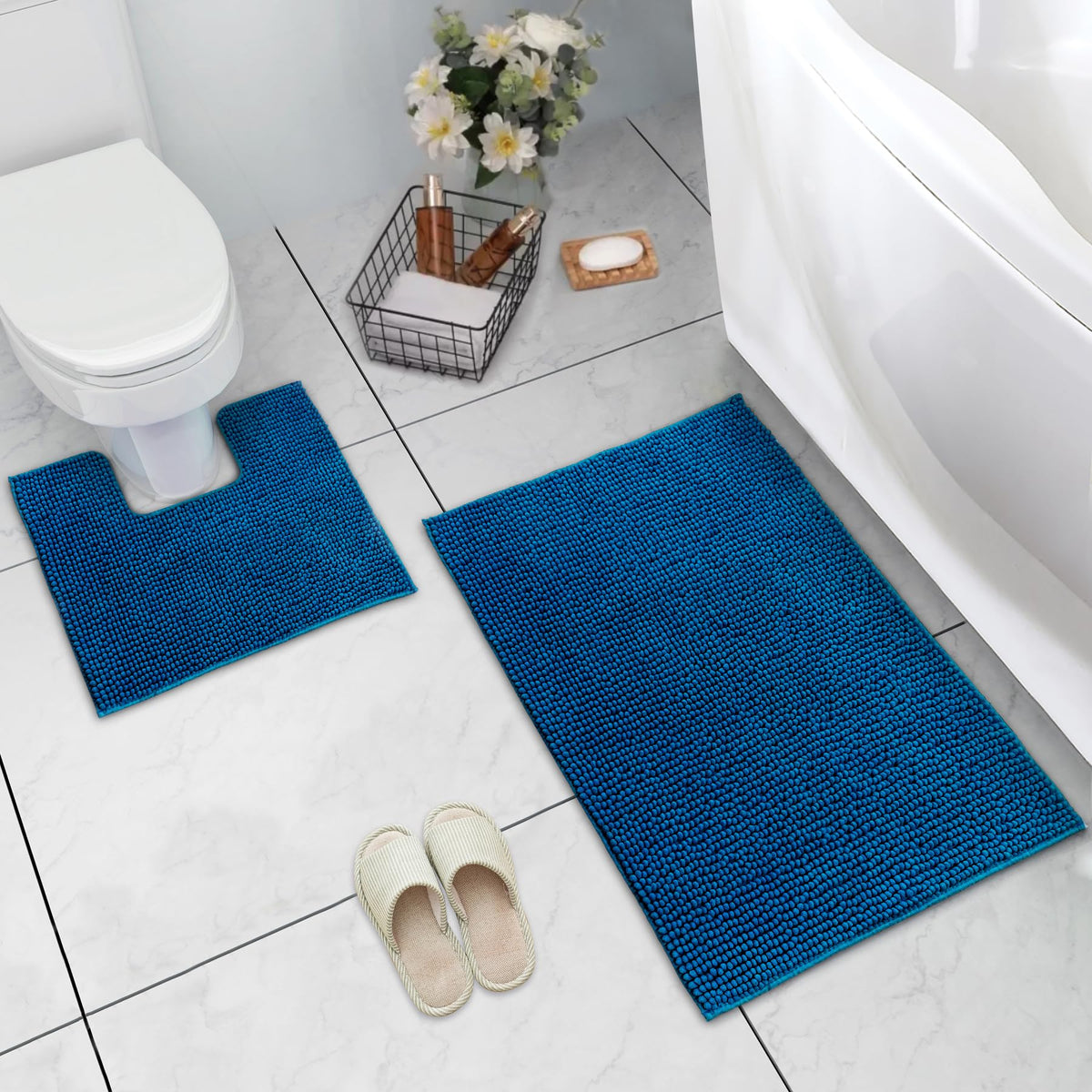 LINENLINK Chenille Bath Mat Set 2 Piece, Bath Mat & Contour Rug