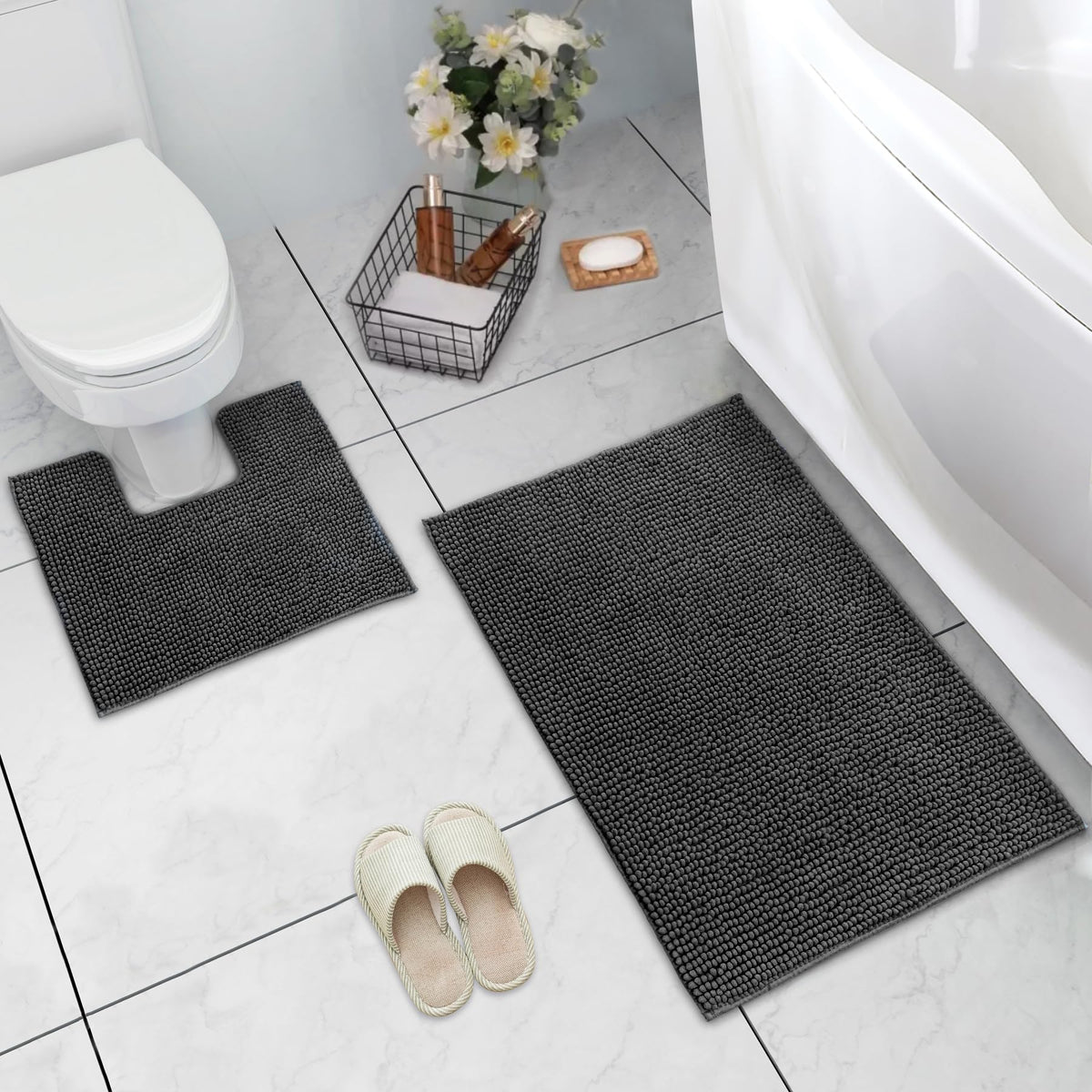 LINENLINK Chenille Bath Mat Set 2 Piece, Bath Mat & Contour Rug