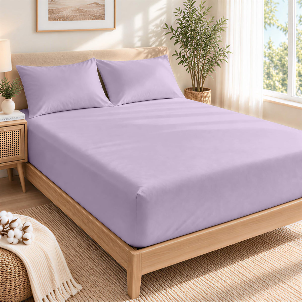 LINENLINK 100% Cotton Fitted Sheet with 2 Pillowcases