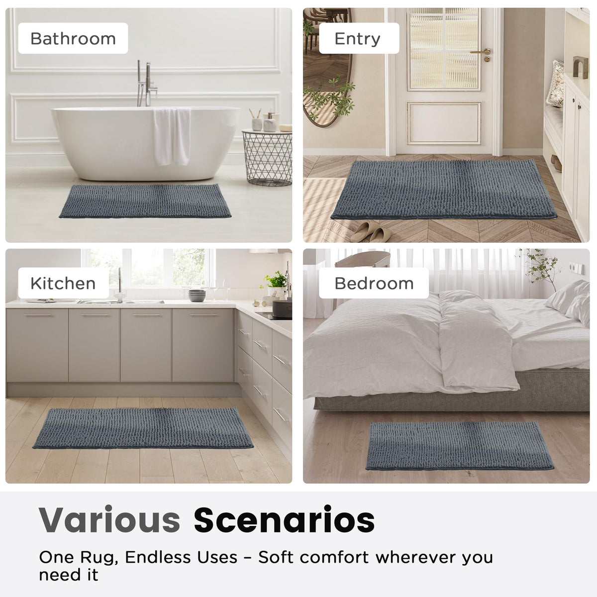 LINENLINK Chenille Bath Mat, Non-Slip Bathroom Rug