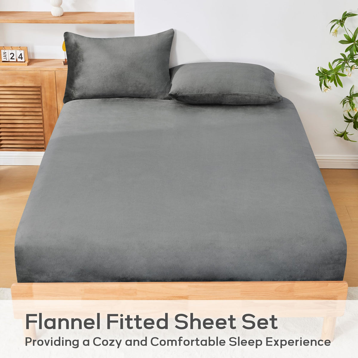 LINENLINK Teddy Fleece Fitted Sheet Set, Super Soft Flannel, Extra Warm & Cozy for Winter, 40cm Deep Pocket, Includes 1 Fitted Sheet & 2 Pillowcases, No Flat Sheet