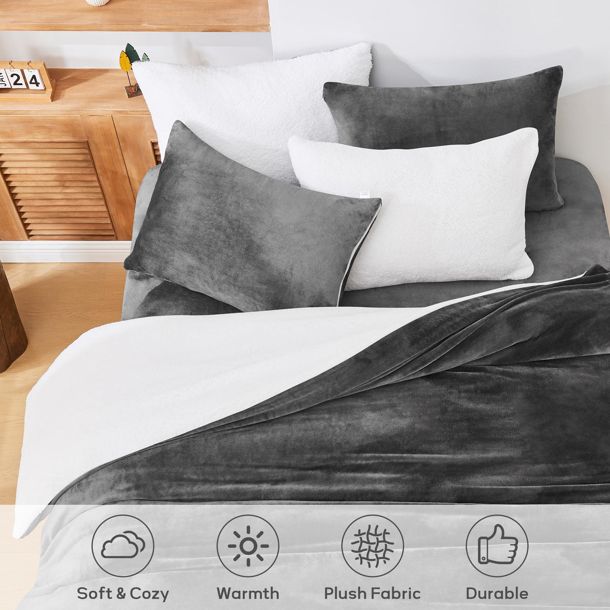 LINENLINK Dual-Sided Teddy Fleece Flannel & Sherpa Quilt Cover Set, Ultra Soft & Warm Reversible Duvet Cover, Doubles as a Standalone Blanket with Zipper Closure