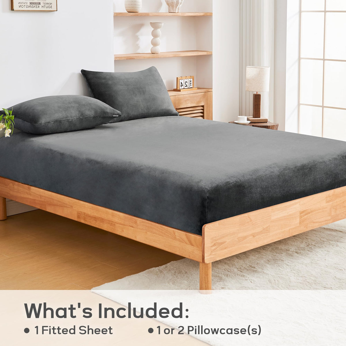 LINENLINK Teddy Fleece Fitted Sheet Set, Super Soft Flannel, Extra Warm & Cozy for Winter, 40cm Deep Pocket, Includes 1 Fitted Sheet & 2 Pillowcases, No Flat Sheet