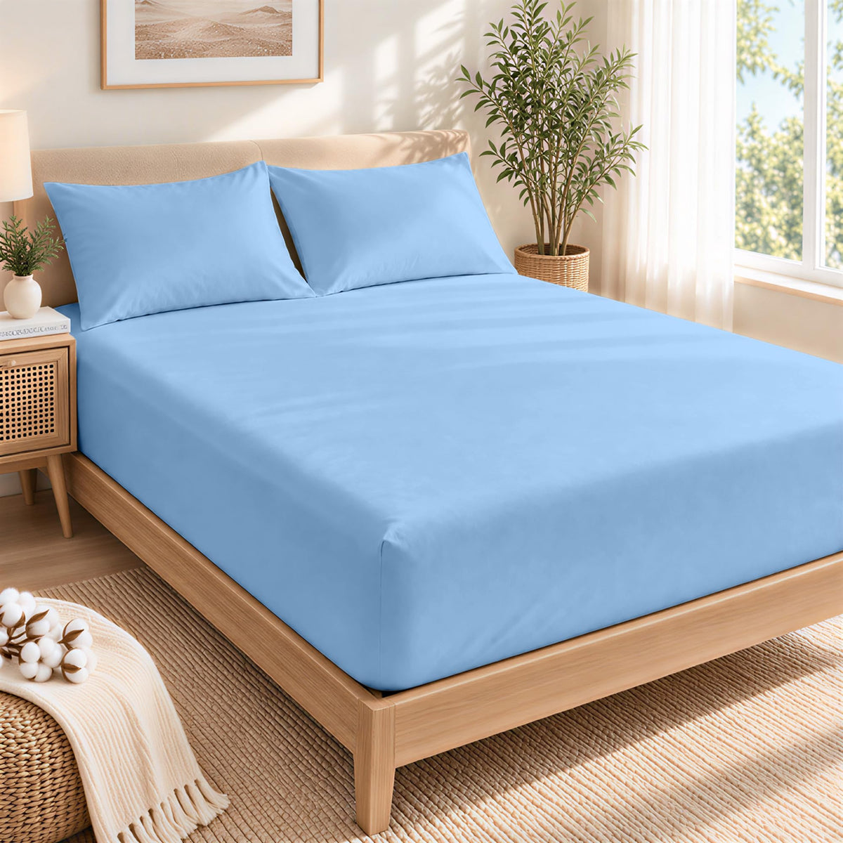 LINENLINK 100% Cotton Fitted Sheet with 2 Pillowcases
