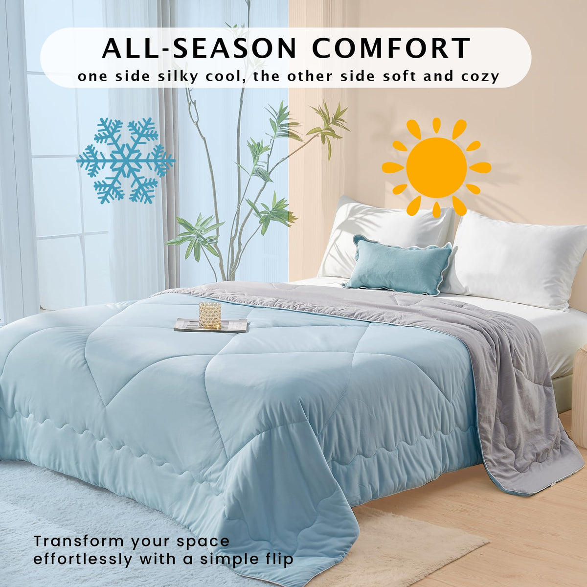 LINENLINK Summer Comforter, Reversible Cooling Blanket with Nylon & Microfiber, Lightweight Quilt for Hot Sleepers, All Season Bedding