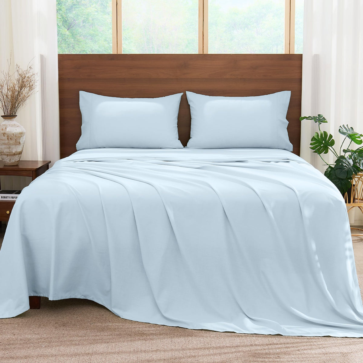 LINENLINK Cotton Rich Sheet Set – Naturally Soft Bedding 4-Piece Set with 40CM Deep Pocket Fitted Sheet, Flat Sheet & Envelope Pillowcase