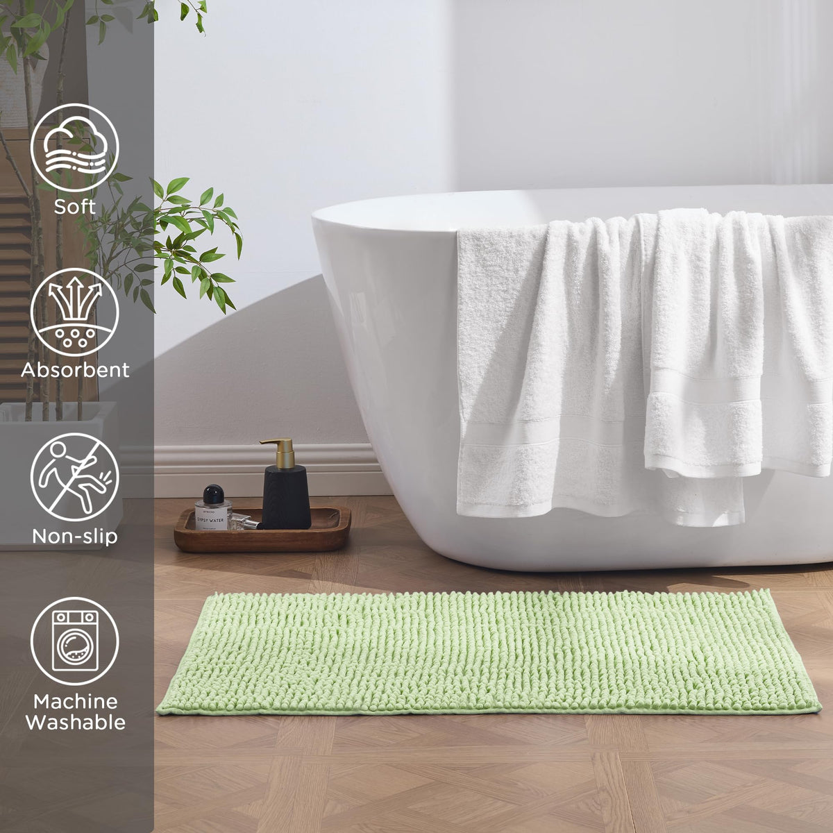 LINENLINK Chenille Bath Mat, Extra Soft Shaggy Absorbent Bathroom Rug, Non-Slip Bath Rugs for Bathtub, Shower, Kitchen, Machine Washable