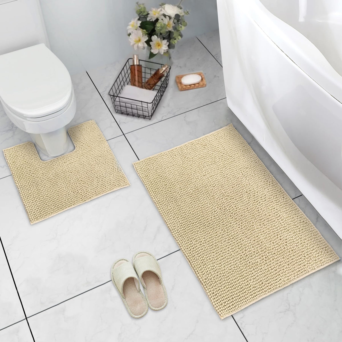 LINENLINK Chenille Bath Mat Set 2 Piece, Bath Mat & Contour Rug
