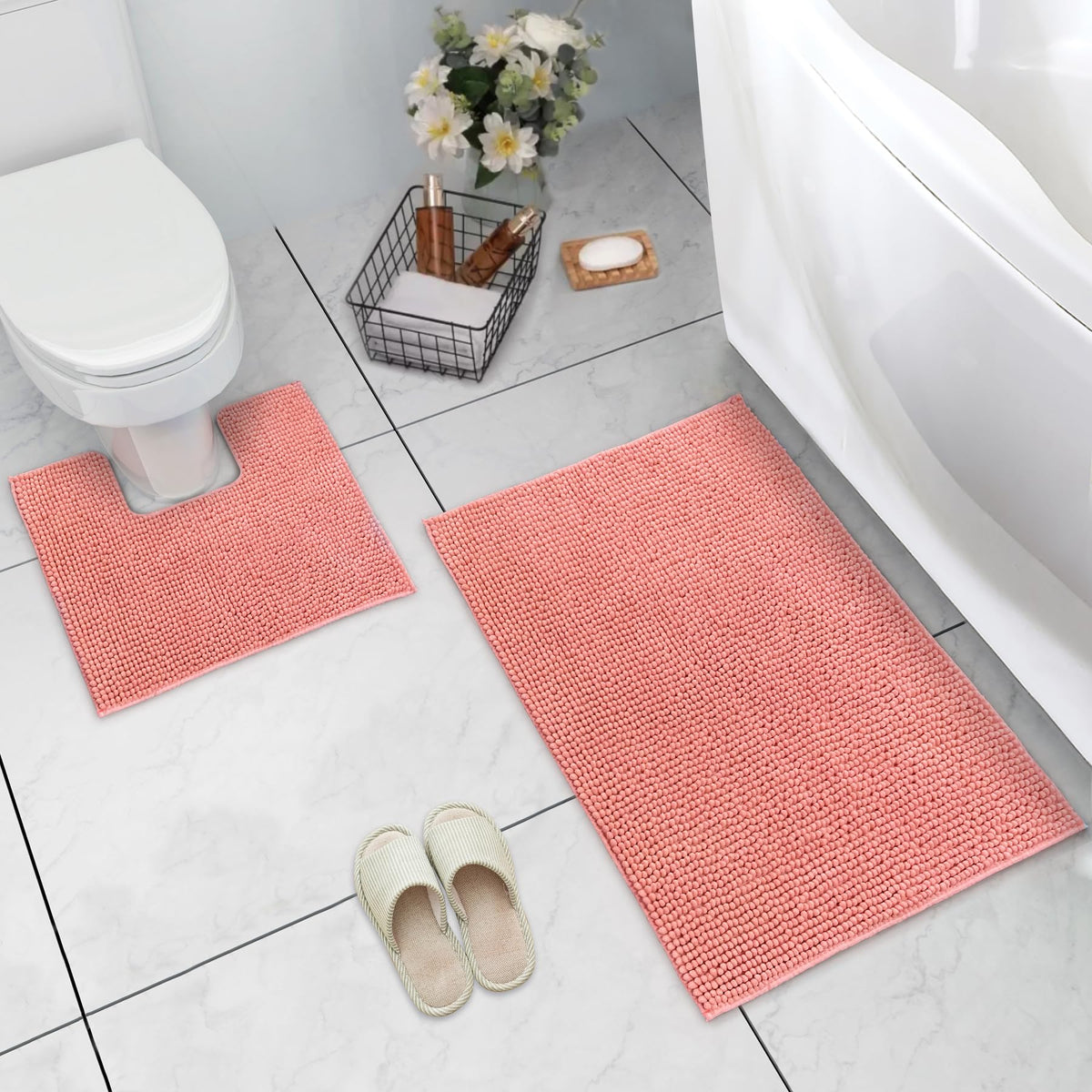 LINENLINK Chenille Bath Mat Set 2 Piece, Bath Mat & Contour Rug