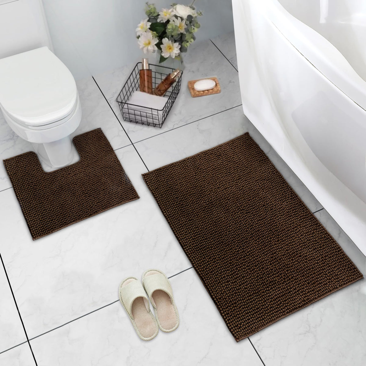 LINENLINK Chenille Bath Mat Set 2 Piece, Bath Mat & Contour Rug
