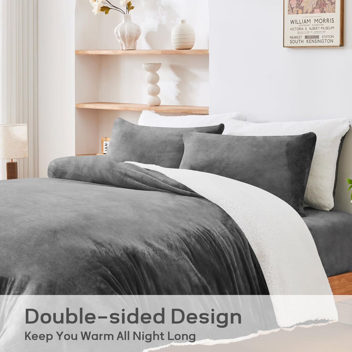 LINENLINK Dual-Sided Teddy Fleece Flannel & Sherpa Quilt Cover Set, Ultra Soft & Warm Reversible Duvet Cover, Doubles as a Standalone Blanket with Zipper Closure
