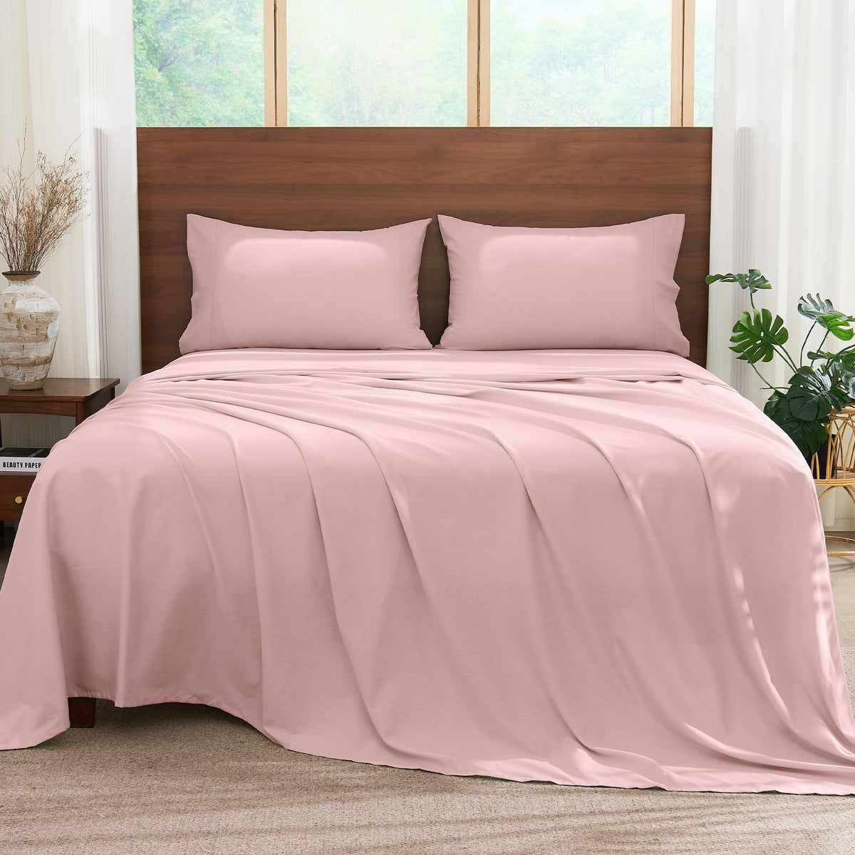 LINENLINK Cotton Rich Sheet Set – Naturally Soft Bedding 4-Piece Set with 40CM Deep Pocket Fitted Sheet, Flat Sheet & Envelope Pillowcase