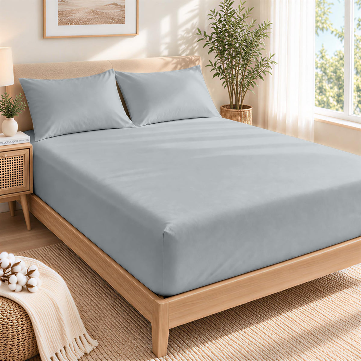 LINENLINK 100% Cotton Fitted Sheet with 2 Pillowcases