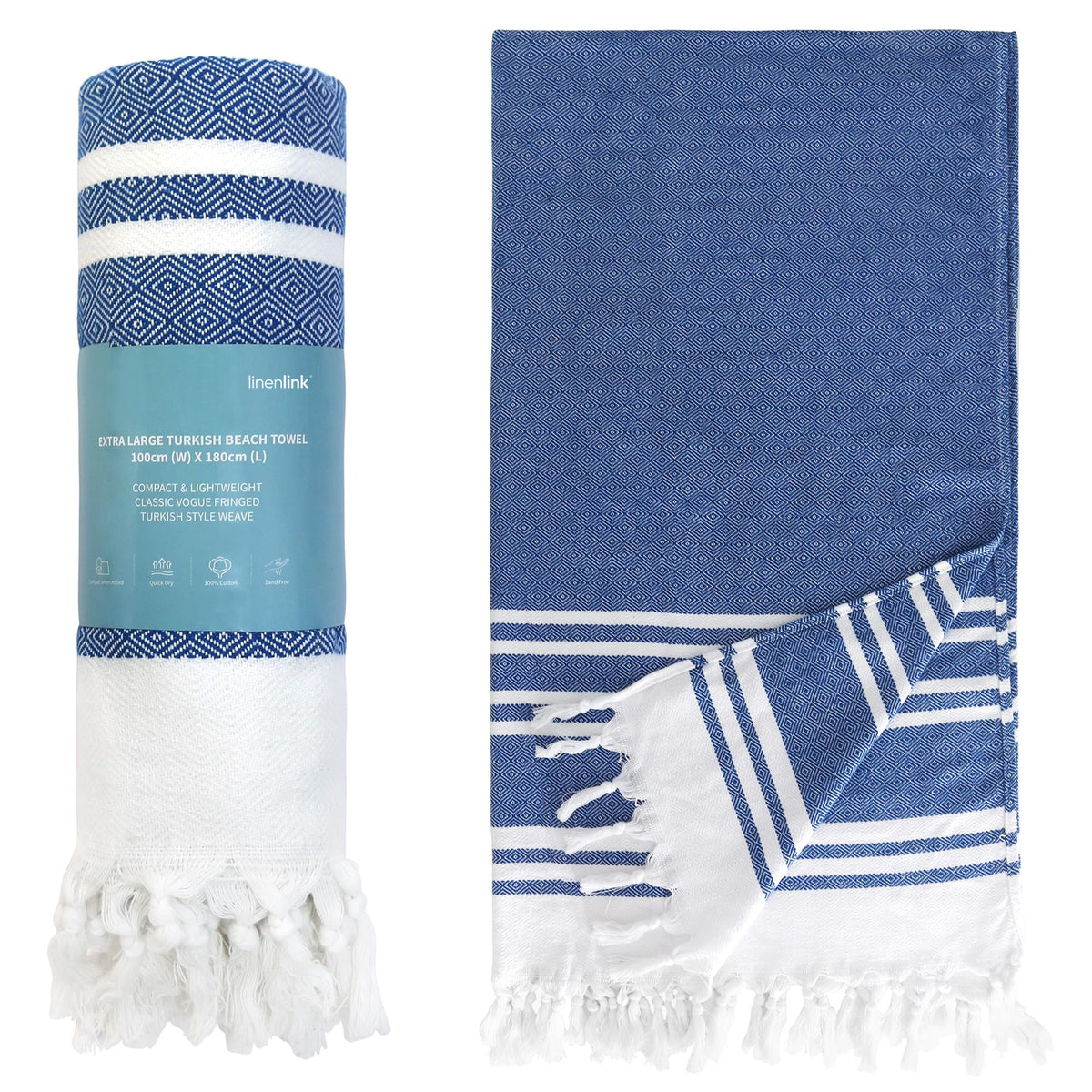 LINENLINK 100% Cotton Turkish Beach Towel, Oversized Absorbent Towels, Sand-Free, Quick Dry & Lightweight Pool Towel for Swimming, Travel, Holiday